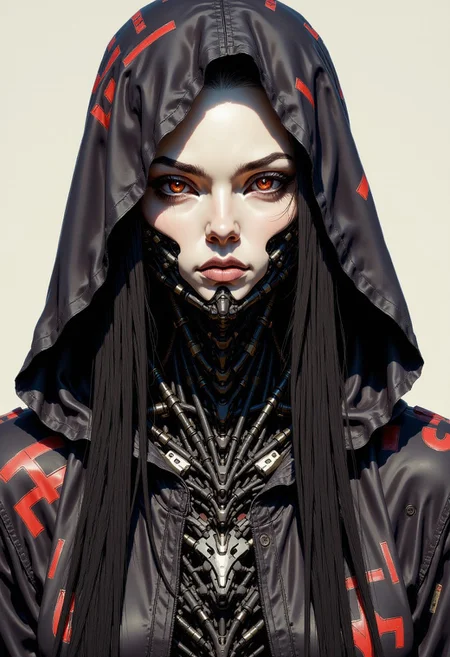 Image is a digital artwork featuring a futuristic, cybernetic character with a striking design. The subject is a humanoid figure with pale skin and intricate mechanical components integrated into their face and neck. The character's eyes are glowing red, adding an intense and otherworldly appearance. They wear a dark hooded garment adorned with red and white cyberpunk-style symbols and text, which are stylized in a bold, angular font. The text is scattered across the hood and shoulder area, contributing to the high-tech aesthetic. The character's expression is neutral, and their long, dark hair flows out from under the hood. The overall color scheme is dominated by black, red, and white, creating a stark contrast that emphasizes the futuristic and robotic elements of the design.