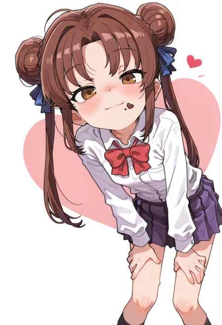 1girl,yuuki miaka,fushigi yuugi,double bun,feet out of frame,food,food on face,hair bun,hair ribbon,hands on own thighs,kneehighs,leaning forward,looking at viewer,pleated skirt,ribbon,school uniform,sidelocks,skirt,socks,solo,standing,purple skirt,heart,red bowtie,smile,brown hair,white background,bowtie,pink background,holding food,brown eyes,dress shirt,candy,chocolate,long hair,chocolate bar,blue ribbon,simple background,closed mouth,black socks,wing collar,long sleeves,collared shirt,shirt,bow,blush,heart-shaped chocolate,white shirt,miniskirt,red bow,holding <lora:sabotenmanXL_NBVP1_lokr_V6311PZ:0.95>