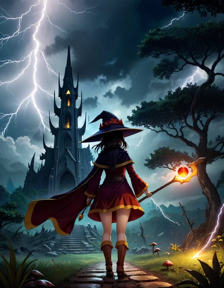 Strategy game style 1girl megumin, witch hat, cape, staff, from behind, facing away , 
outside Art Deco Cathedral in Mushroom Grove, Thunderstorm with lightning Weather Serene sky at Witching hour
 <lora:MeguminXL_v2.5:1>, <lora:SDXL - Wrong:1>, ZIP2D . Overhead view, detailed map, units, reminiscent of real-time strategy video games