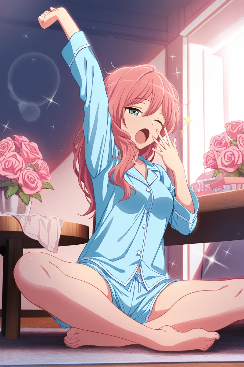 masterpiece, best quality, amazing quality,
 <lora:Yachiyo_IL:1> yachiyo, 1girl, pink hair, one eye closed, solo, long hair, open mouth, shorts, rose, flower, sitting, blue shorts, yawning, barefoot, stretching, shirt, pajamas, green eyes, waking up, sparkle, pink rose, indoors, blue shirt, lens flare, table, arm up