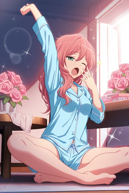 masterpiece, best quality, amazing quality,
 <lora:Yachiyo_IL:1> yachiyo, 1girl, pink hair, one eye closed, solo, long hair, open mouth, shorts, rose, flower, sitting, blue shorts, yawning, barefoot, stretching, shirt, pajamas, green eyes, waking up, sparkle, pink rose, indoors, blue shirt, lens flare, table, arm up