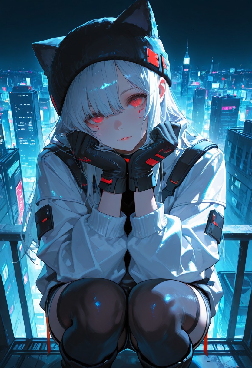 score_9,score_8,score_7_up,best quality,high detail,solo,1 girl, adult,white long hair,red eyes,eyes detail,looking at viewer,(white cyberpunk jacket,short shorts),cat ear fur hat,black gloves, black knee high stockings,BREAK,city background,night,cold colors,dim,dark,squatting on the edge of a tall building roof,tilt head,knees together,((above behind view))