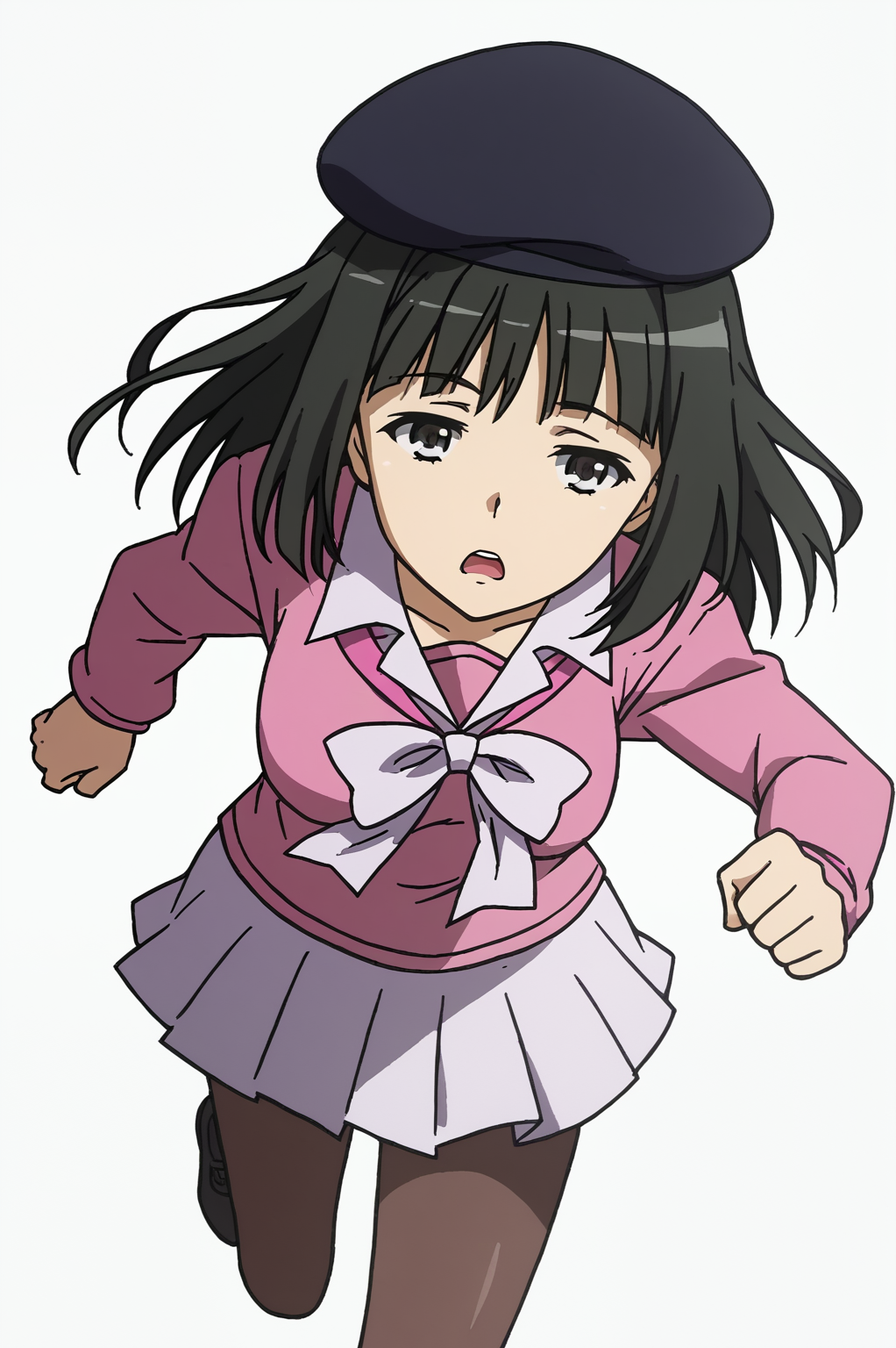 <lora:ANEMEWWW:0.8>, white background, Rikou Takitsubo, solo, skirt, hat, pantyhose, beret, running