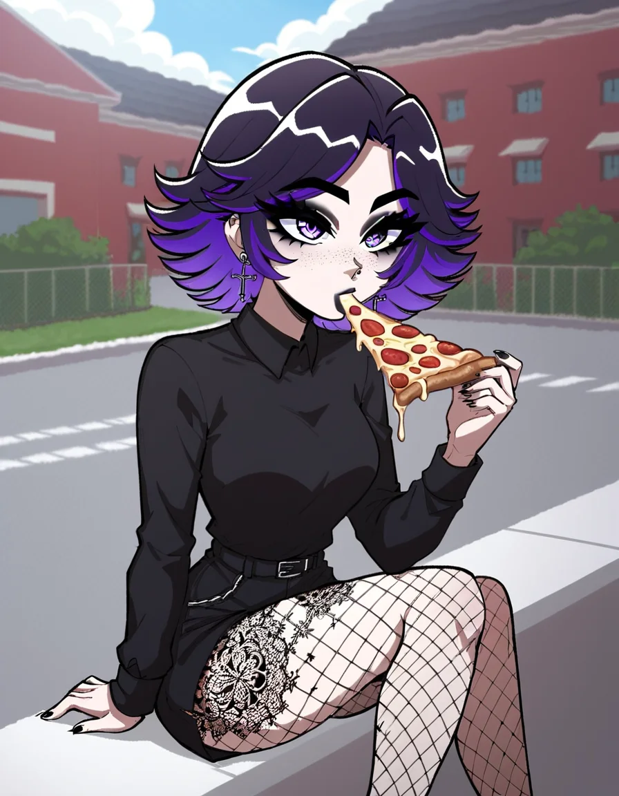 (masterpiece), (best quality), (ultra-detailed), score_9,score_8_up,score_7_up,score_6_up, source_cartoon, afs_ksusha, 1girl, eye contact, black eyeshadow, black eyebrows, black lipstick, black freckles around nose, cross earrings, purple detailed eyes, short spiky hair, bangs, dark purple hair, purple gradient hair color, multicolored hair, casual clothes, black nails, , fishnets, tattoo on legs, eating pizza, pov (pizzeria scenery:1.3), illustration, disheveled hair, detailed eyes, perfect composition, moist skin, intricate details, earrings, by wlop, score_9,score_8_up,score_7_up,score_6_up, source_cartoon, afs_ksusha, 1girl, eye contact, black eyeshadow, black eyebrows, black lipstick, black freckles around nose, cross earrings, purple detailed eyes, short spiky hair, bangs, dark purple hair, purple gradient hair color, multicolored hair, casual clothes, black nails,, fishnets, tattoo on legs, eating pizza, pov (pizzeria scenery:1.3), cinematic background, vibrant colors, ambient light, highly intricate, elegant, professional, sharp focus,, surreal atmosphere, glowing, epic, very beautiful, stunning, creative