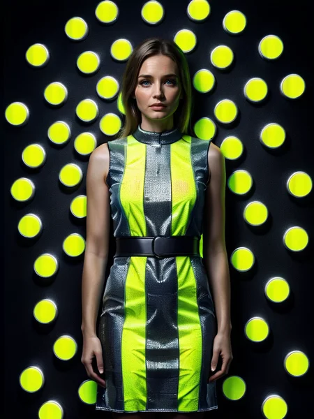 a woman wearing a dress made of ral-reflectivest <lora:ral-reflectivest-sdxl:1> ringlight, stone wallpaper, black background