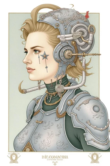 olgadugina1 illustration.
juangimenez1. woman in metallic armor with swirling patterns and a star-like symbol on the cheek. Mechanical components like tubes and a central core are visible. <lora:olgadugina2_cap_d6a3e9:1.0><lora:858084783975055560:0>