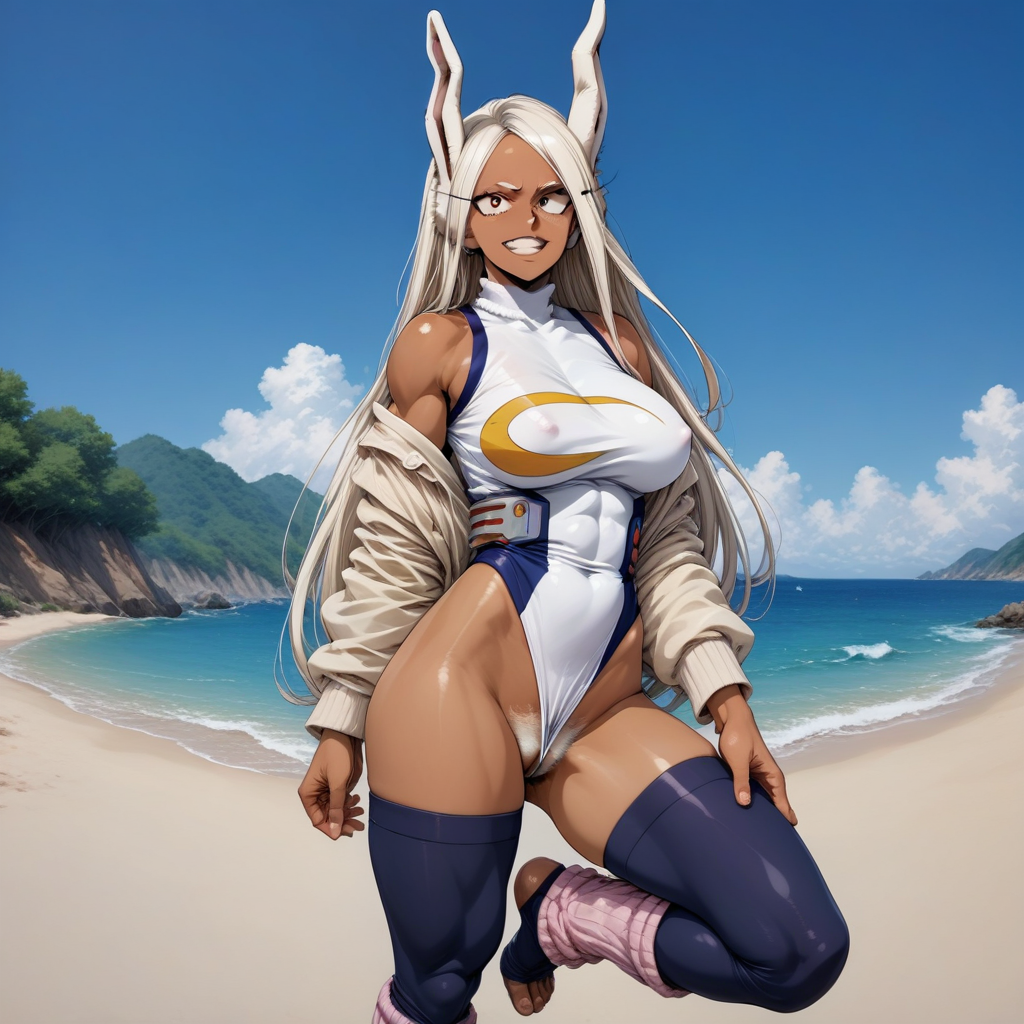 score_9, score_8_up, score_7_up, source_anime, expressive, anime, Artist speedlines, dynamic, 1girl, retro_workoutwear, boku_no_hero_academia, my hero academia, Mirko, BREAK, MILF, large breasts, 25 year old female, Mirko\(my hero academia\), 1woman, dark-skinned_female, red eyes, smirk, sexy, horny, (white hair), white clothes,Artist Style:urushihara_satoshi, source_anime, 1980s_(style), aerobics, leg_warmers, stirrup_legwear, open-bust_leotard, skintight, see-through, pubic_hair_under_leggings, pubic_hair_under_pantyhose, bush, white_pubic_hair, white pubic hair, pubic_hair_peek, bush, uncensored, female_pubic_hair, partially_exposed_vulva, beach, outdoors, sunny