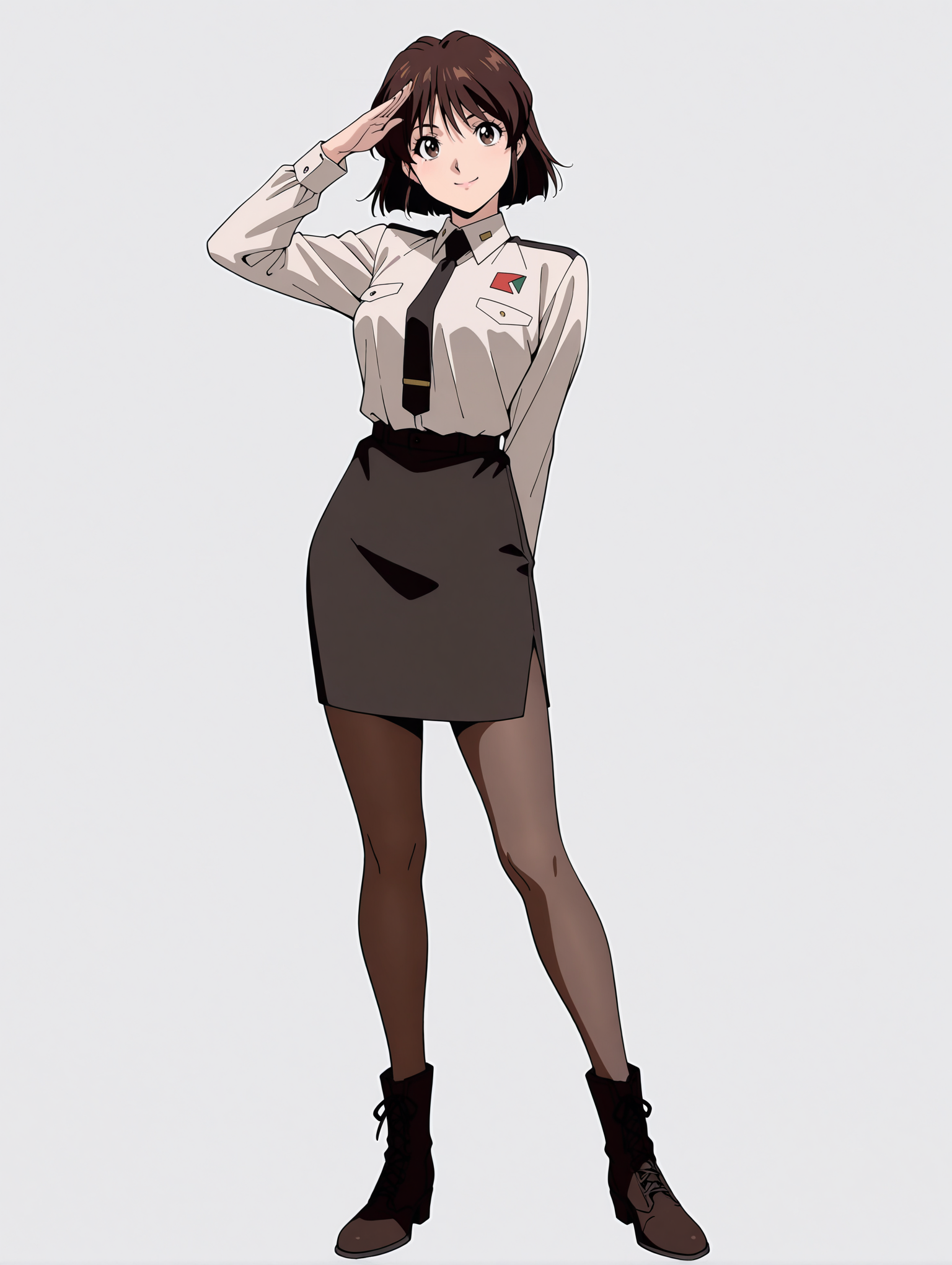 masterpiece,best quality,newest,
1girl,solo,
<lora:Yuriko_Star_ilxl_v1.0:1>,Y_S,brown hair,short hair,brown eyes,
y_clothes,shirt,black tie,black pencil skirt,brown pantyhose,boots,<lora:Fixhands_anime_bdsqlsz_V1:1>,standing,white_background,simple_background,full body,salute,looking_at_viewer,front view,smile,