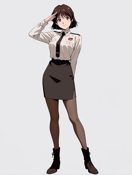 masterpiece,best quality,newest,
1girl,solo,
<lora:Yuriko_Star_ilxl_v1.0:1>,Y_S,brown hair,short hair,brown eyes,
y_clothes,shirt,black tie,black pencil skirt,brown pantyhose,boots,<lora:Fixhands_anime_bdsqlsz_V1:1>,standing,white_background,simple_background,full body,salute,looking_at_viewer,front view,smile,