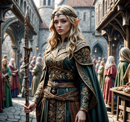 RAW photo, (masterpiece:1.3), subsurface scattering, heavy shadow, (high quality:1.4), (intricate, high detail:1.2), professional color photography, HDR, High Dynamic Range, realistic, ultra realistic, photorealistic, high resolution, film photography, ambient lighting, atmospheric effects, <lora:detail_slider_v4:2>, OverallDetail, a beautiful female elven sorceress, long blonde hair, jewelry, wearing intricate (white and black) robes, belt, (holding a mage staff), circlet, embroidered cloak, elar, <lora:ElvenArmor1:0.55>, wide view, <lora:zoom_slider_v1:-1>, in a medieval fantasy market, market stalls, <lora:FantasyMarket:0.6>, fanmar, epiCPhoto