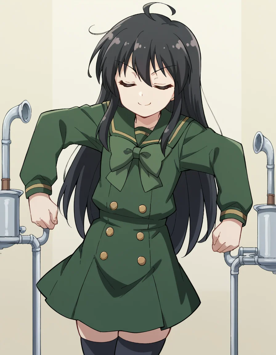 score_9, score_8_up, score_7_up, source_anime, <lora:shakugan-no-shana-s3-ponyxl-lora-nochekaiser:1>, shana, long hair, black hair, brown eyes, ahoge, sidelocks,, school uniform, serafuku, green serafuku, bowtie, green bowtie, green shirt, green sailor collar, long sleeves, green skirt, buttons, thighhighs,, refinery, pipes, smoke, metal, oil, smile, <lora:zui-zui-dance-ponyxl-lora-nochekaiser:1>, zui zui dance, dancing, closed eyes,, looking at viewer, solo,, dutch angle, cowboy shot