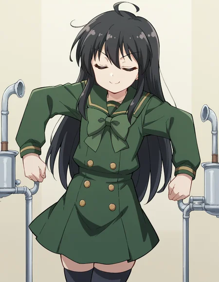 score_9, score_8_up, score_7_up, source_anime, <lora:shakugan-no-shana-s3-ponyxl-lora-nochekaiser:1>, shana, long hair, black hair, brown eyes, ahoge, sidelocks,, school uniform, serafuku, green serafuku, bowtie, green bowtie, green shirt, green sailor collar, long sleeves, green skirt, buttons, thighhighs,, refinery, pipes, smoke, metal, oil, smile, <lora:zui-zui-dance-ponyxl-lora-nochekaiser:1>, zui zui dance, dancing, closed eyes,, looking at viewer, solo,, dutch angle, cowboy shot
