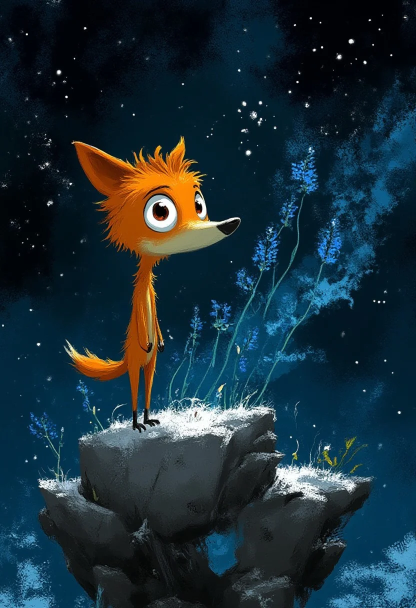A whimsical illustration of a thin, elongated fox with a disproportionately massive head in dark whimsical art style, balanced perfectly atop a shattered planet fragment drifting through the cosmos, with glowing blue cornflowers sprouting from the celestial debris, digital painting with dramatic brushstrokes showing bristly orange fur illuminated by distant stars, deep twilight space background with aurora-like wisps, characteristic Tim Burton inspired design with huge, haunting amber eyes that seem to contain entire solar systems