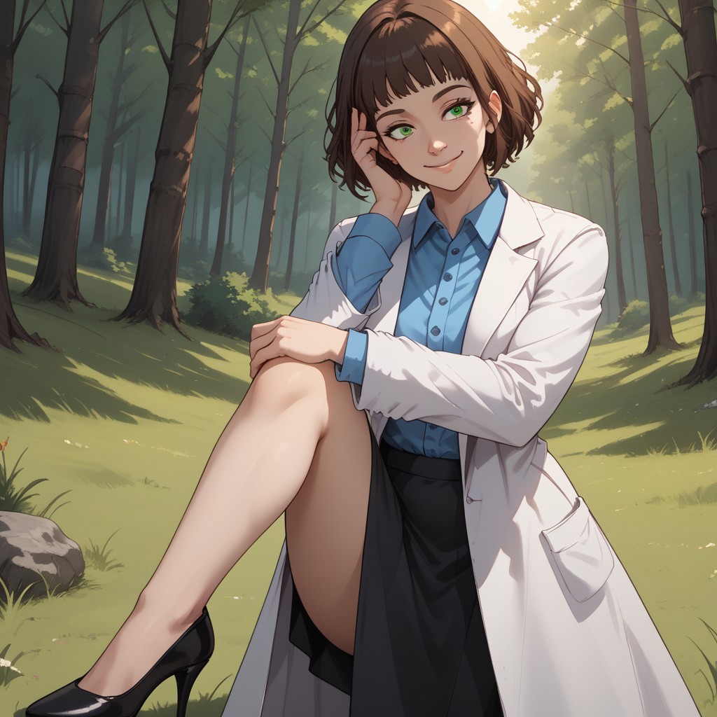 score_9, score_8, BREAK, solo, brown hair, short hair, green eyes, mole under eye, white lab coat, blue collared shirt, black skirt, black heels, Annie Alburton, sexy pose, self portrait, smile, outdoors, sunlight, shadows, evening lighting, natural lighting, forest, trees, grass, orange sky, sunset