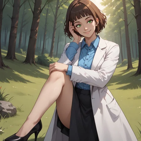 score_9, score_8, BREAK, solo, brown hair, short hair, green eyes, mole under eye, white lab coat, blue collared shirt, black skirt, black heels, Annie Alburton, sexy pose, self portrait, smile, outdoors, sunlight, shadows, evening lighting, natural lighting, forest, trees, grass, orange sky, sunset