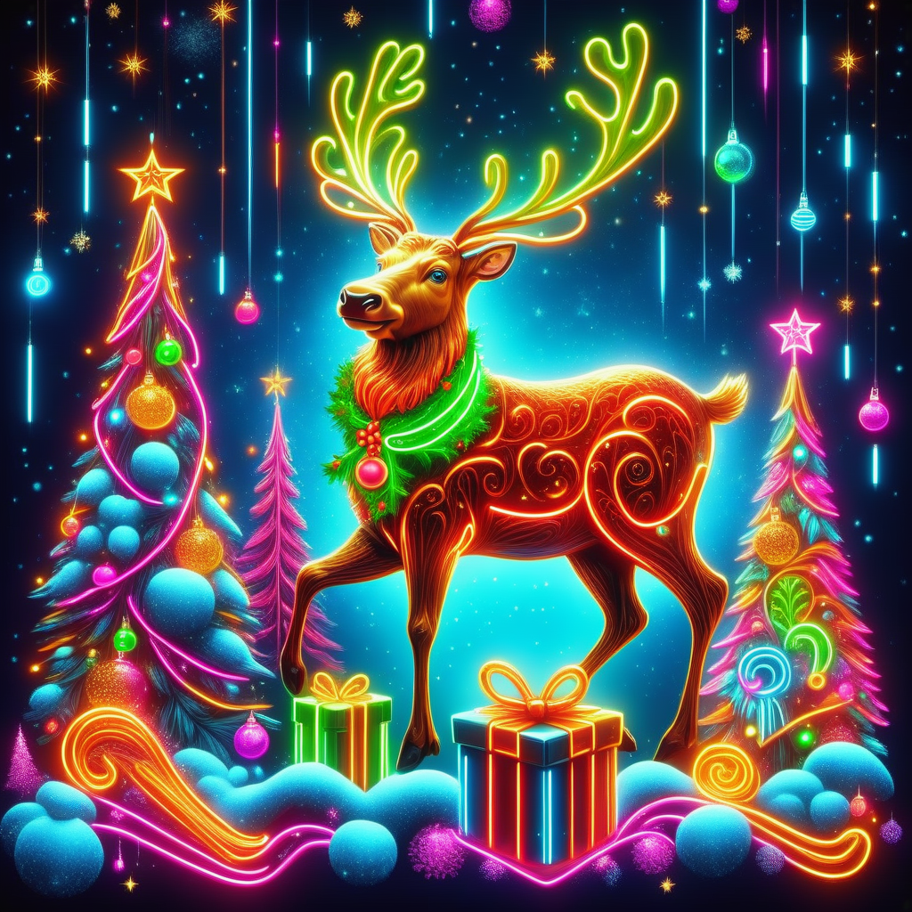 hyper detailed masterpiece, dynamic realistic digital art, awesome quality, DonMN30nChr1stGh0stsXL neon modern abstract christmas, wassail, reindeer figures,honey glazed carrots, reflective and grateful, fairy lights, exchanging gifts  <lora:DonMN30nChr1stGh0stsXL-000009:1>