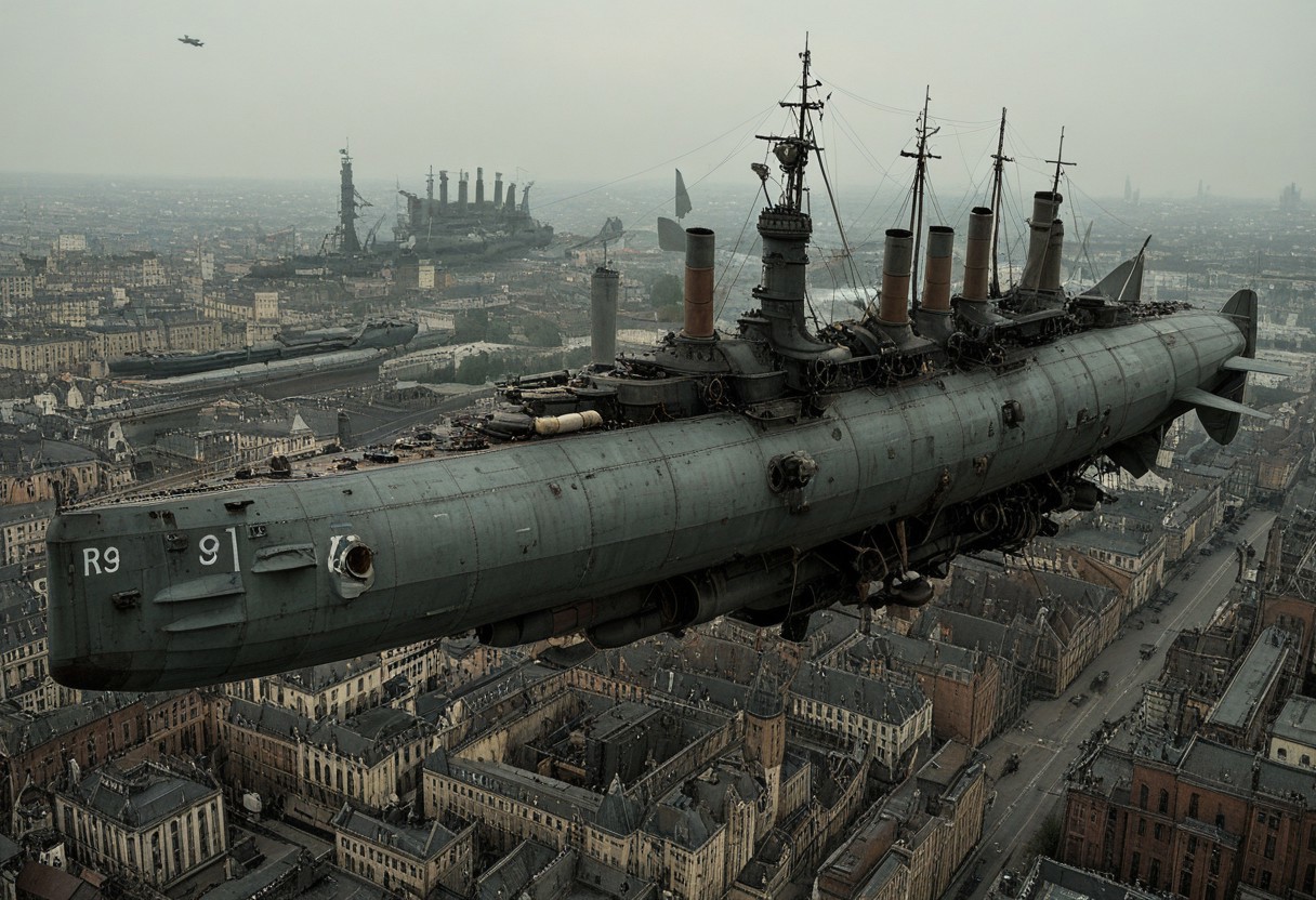 masterpiece, best_quality, very_aesthetic, highres, absurdres, ultra detailed, airship,  battleship, steampunk, Victorian, 
flying over Victorian city,
 airship, vehicle focus, no humans, military vehicle, military, science fiction, aircraft flying, radio antenna, cannon, machinery,rocket launcher,
dark iron, (light blue/navy gray vehicle), 
spiral, pipe ,rivets, ,wire,
