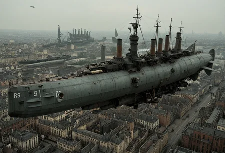 masterpiece, best_quality, very_aesthetic, highres, absurdres, ultra detailed, airship, battleship, steampunk, Victorian,
flying over Victorian city,
airship, vehicle focus, no humans, military vehicle, military, science fiction, aircraft flying, radio antenna, cannon, machinery,rocket launcher,
dark iron, (light blue/navy gray vehicle),
spiral, pipe ,rivets, ,wire,