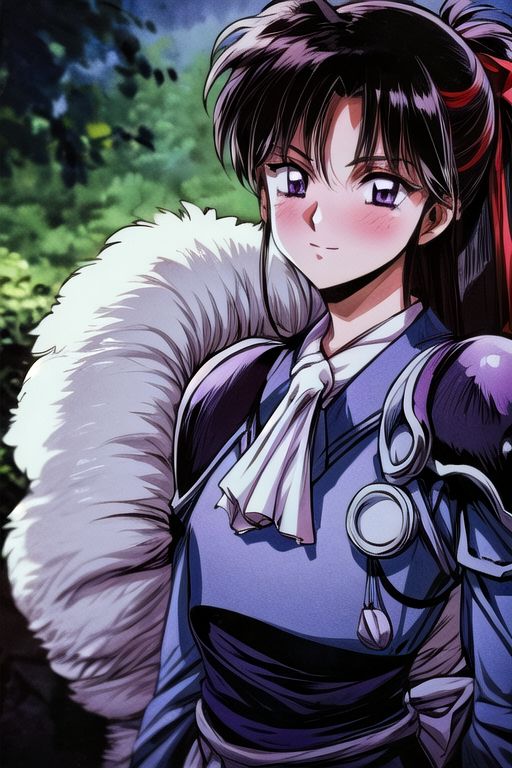 best quality 1girl Setsun4 solo long hair,  (night time) forest background black hair very long hair purple eyes multicolored hair armor, small, (fur trim) (medium body),<lora:EMS-179-EMS:0.800000>,<lora:EMS-293862-EMS:0.800000> bow, hair_bow, hair_tubes, red_bow, brown_hair, long_hair, bangs, ascot, frilled_bow, yellow_ascot, blush, smile, hair_between_eyes, athletic, armor, miko, strengthmda,  Smiling, happy, dragoon helmet