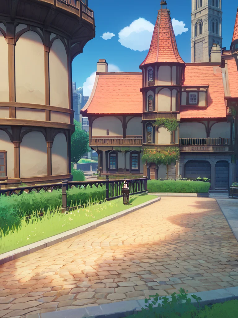 score_9, score_8_up, score_7_up, score_6_up, score_5_up, score_4_up, source_anime, official art,  <lora:mondstadt_background-ponyxl-v11h:1>, city, mondstadt, scenery, architecture, outdoors, building, cityscape, house, sky, blue sky, tree, plant, cloud, grass, road, bush, railing, lamppost