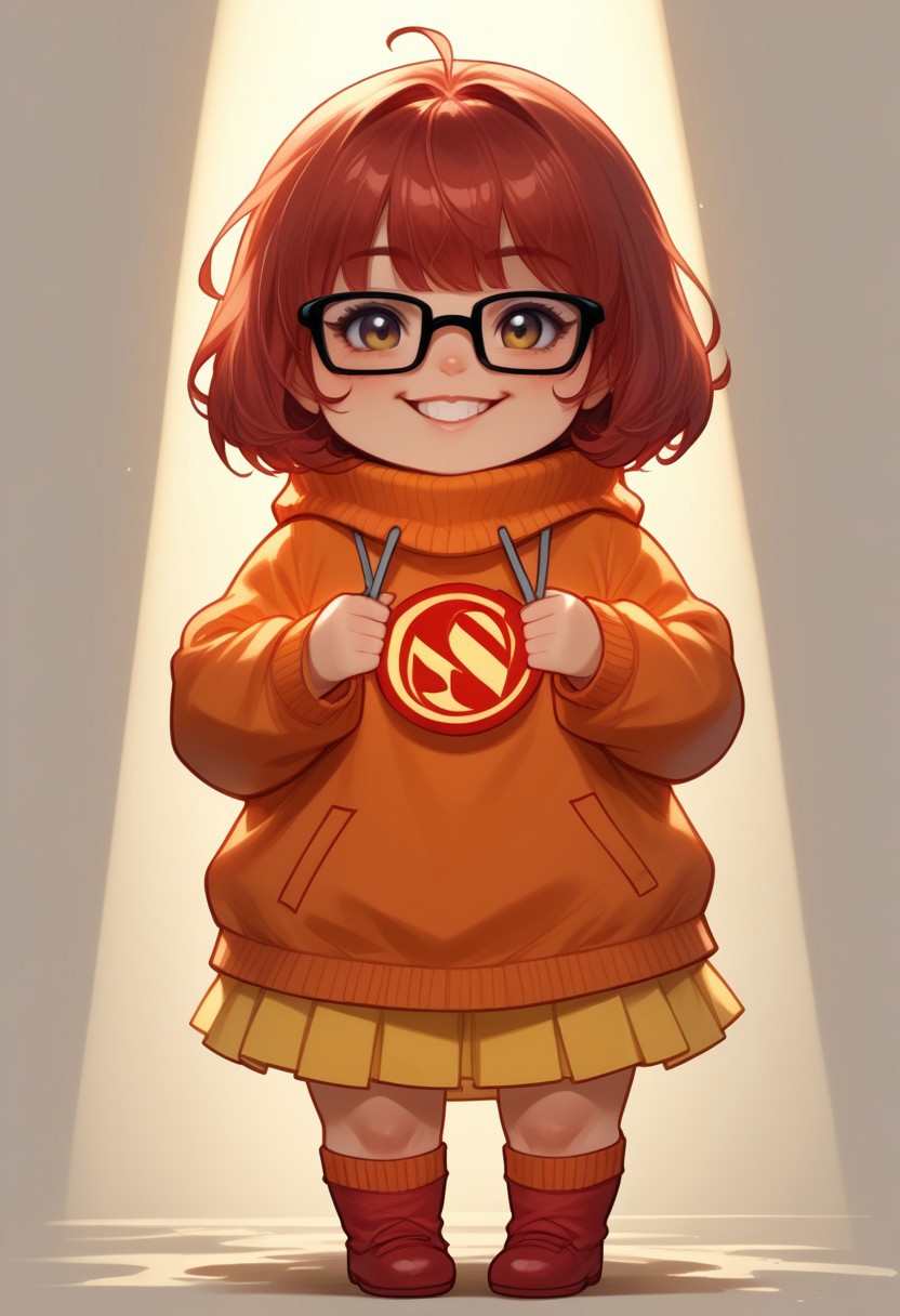 score_9, score_8_up, score_7_up, source_anime, solo, adorable chibi Velma Dinkly, happy, Velma's clothes, (chibi body:1.4), (indirect lighting, dynamic lighting:1.4), simple background, chibi art style, (detailed image, high resolution, 5k resolution:1.0), (realistic style, chibi art style, las lindas Art Style:1.2)