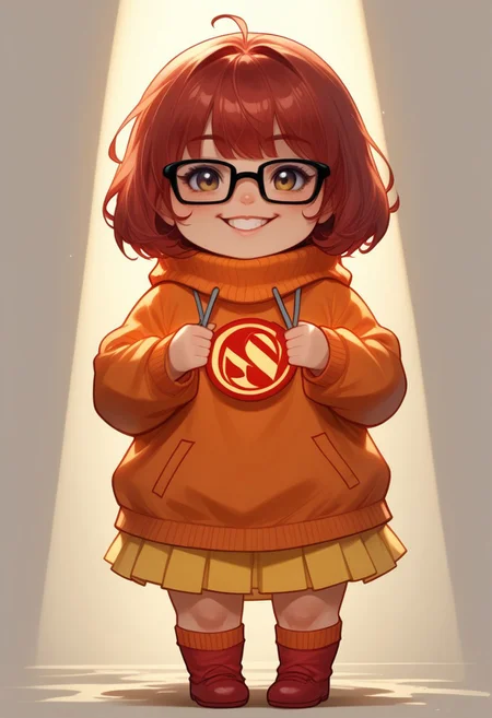 score_9, score_8_up, score_7_up, source_anime, solo, adorable chibi Velma Dinkly, happy, Velma's clothes, (chibi body:1.4), (indirect lighting, dynamic lighting:1.4), simple background, chibi art style, (detailed image, high resolution, 5k resolution:1.0), (realistic style, chibi art style, las lindas Art Style:1.2)