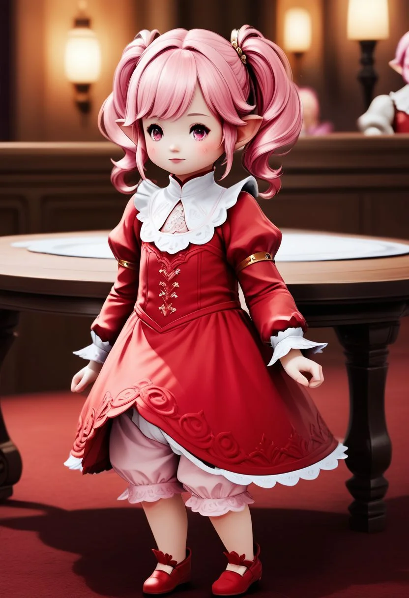 LalaTater, Lalafell, bloomers, depth of field, 1girl, dress, long sleeves, pink hair, puffy sleeves, red dress, red footwear, twintails, veil, chibi, puntable BREAK PonyXLV6_Scores