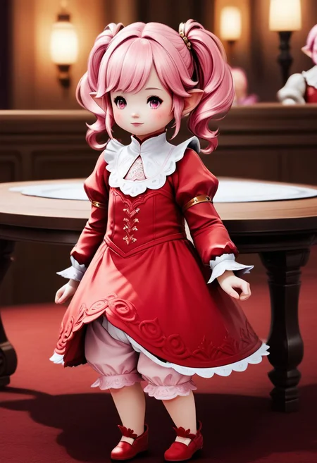LalaTater, Lalafell, bloomers, depth of field, 1girl, dress, long sleeves, pink hair, puffy sleeves, red dress, red footwear, twintails, veil, chibi, puntable BREAK PonyXLV6_Scores
