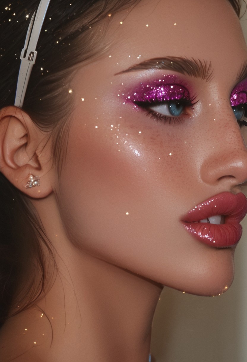 score_9, score_8_up, score_7_up, profile, side view, portrait, 1girl, face focused, neck, shoulders, art face, Kandinsky, teefs44, bignoselady, large nose, aquiline, ladyburns, sideburns, very big lips, makeup, (glitter face), very milky skin, parted lips, teeth, open eyes, big eyes, dark hair, iridescent eyeshadow, glitter, mole, very moist mouth, face covered in sparkles 