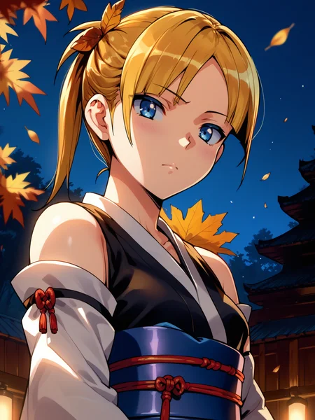 (upper body, solo focus:1.2) <lora:happy_tentacle-rina-v0.3-000034:0.9>, ht_rina, petite, ( (detached sleeves :1.1) :1.1) ( , , ( :1.2) , , (looking down:1.2) :1.2) , outdoors, vegetation, ( :1.1), autumn , (night, night sky :0.6), (blue sky:0.6) , (:0.5), people , ( :0.9), bamboo forest, chest sarashi, ninja, japanese armor, short kimono, obi ( :0.8) score_9, score_8_up, score_7_up, score_6_up, score_5_up, score_4_up, ( [(realistic, photorealistic:1.3):(realistic:1.2):16] [(3d:1.2)::14] :1) <lora:LUUNA's Lunas-NijiJourney-SDXL-B2:0.35>, nijijourney <lora:prgfrg23's Counterfeit-V3.0 Style SDXL_LoRA_Pony Diffusion V6 XL:0.5> <lora:mfcg's mfcgXL:0.12> <lora:reweik's gyokai(himehajime)_PonyXL_style_v01:0.14>