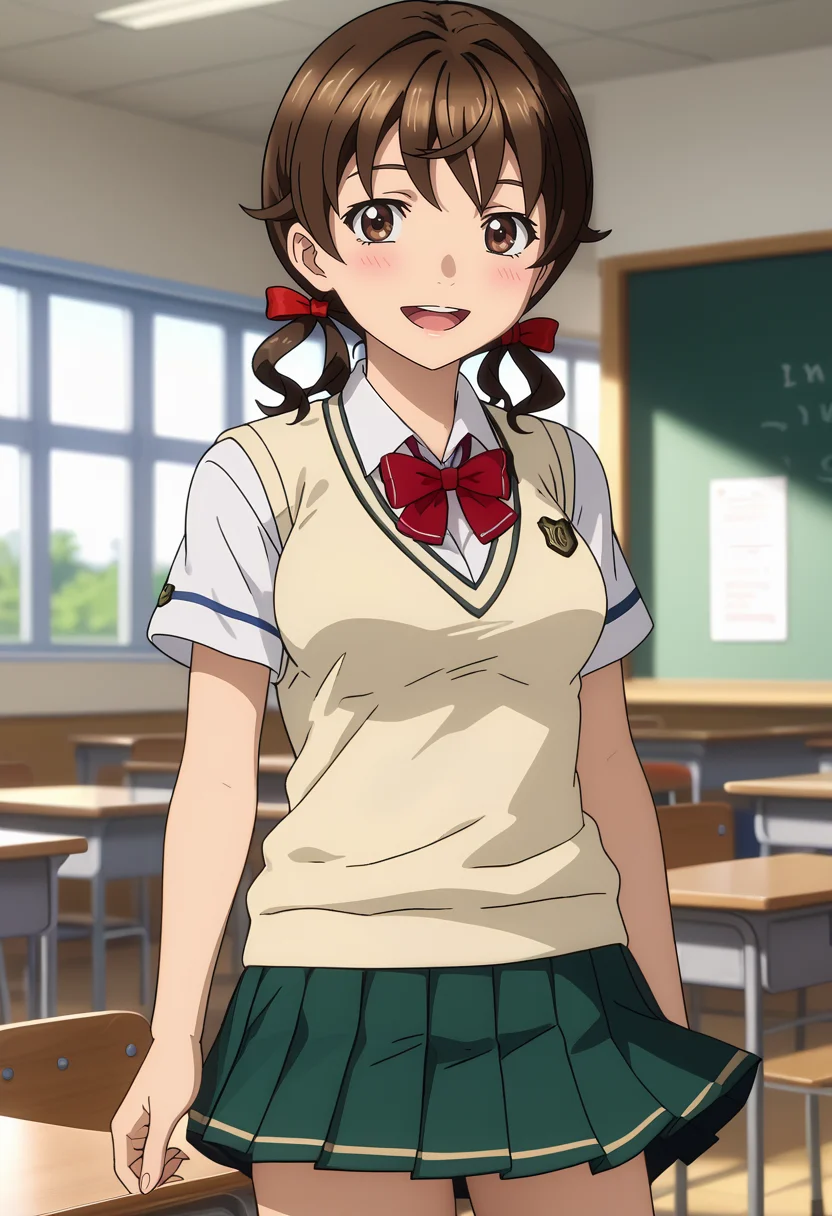 score_7_up, anime screencap,
<lora:GuiltyCrown_MenjouHareXL:0.9>,
1girl, solo, open mouth, light smile, blush,
low twintails, medium hair, brown hair, brown eyes, hair bow, red bow,
MenjouHare, sweater vest, white shirt, red bowtie, short sleeves, pleated skirt, green skirt,
standing, looking at viewer, cowboy shot,
blurry background, indoors, classroom