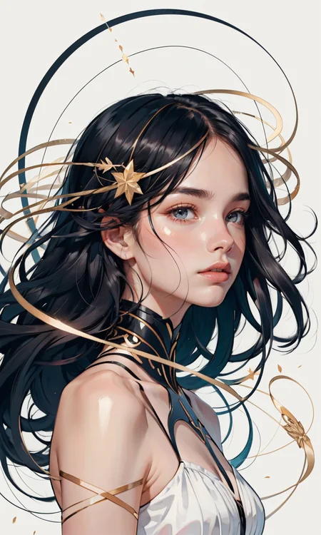 4n1v3rs3, linquivera, liiv1, digital illustration, (anime:0.4) realistic, surreal, woman, following times arrow, ivory and black, fantasy, Conrad Roset, cavalier, tricky, smirking, bold sinuous lines, tangled with flowing ribbons and threads, swirling gossamer strands of fate and magic, wind, floating, flying, motes of light, <lora:add-detail-xl:2>