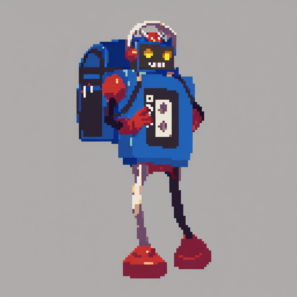 score_9, score_8_up, score_7_up, best quality, masterpiece, simple background, white background,
1boy, solo, no humans, mecha, robot, red gloves, backpack, yellow eyes, robot ears, hands on hips, cowboy shot