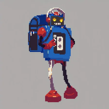 score_9, score_8_up, score_7_up, best quality, masterpiece, simple background, white background,
1boy, solo, no humans, mecha, robot, red gloves, backpack, yellow eyes, robot ears, hands on hips, cowboy shot