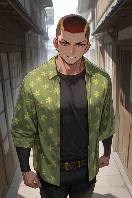 expressive manly face, 1boy, UnjiZuma, red-gold-grey_zuma_multicolored hair, red_zuma_eyes, facial hair, chin stubble, zuma_ear_piercings, zuma_eyebrow_piercing, zuma_oversized_shirt_with_flower_patterns, tight longsleeves, zuma_knee_length_pants, manly, looking at viewer, smiling, manly, shiny skin, hands at side, shadow, dynamic angle, dynamic action, atmospheric perspective, intricately detailed, depth of field, masterpiece, best quality, amazing quality, very aesthetic, absurdres, newest, very awa