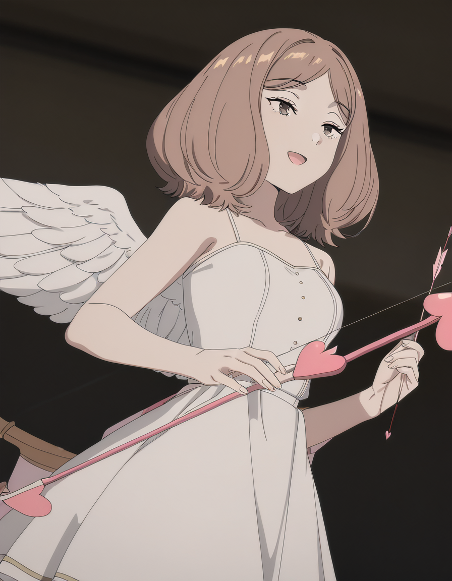 masterpiece, best quality, newest, absurdres, highres, safe,, <lora:mage-edel-s1-illustriousxl-lora-nochekaiser:1>, edel, brown hair, brown eyes, medium hair, medium breasts, anime screencap, <lora:cupid-ponyxl-lora-nochekaiser:1>, cupid, dress, bare shoulders, weapon, heart, wings, bow (weapon), arrow (projectile), angel, smile, open mouth, heart arrow,, , cowboy shot, solo