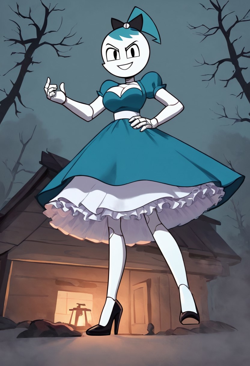 (Masterpiece, best quality:1.2), score_9, score_8_up, flat color, flat shading, soft shading, lighting, Jenny Wakeman as an adult, (((in a 1950's full length formal dark blue dress, a white belt, a fluffy frilly ruffled full white petticoat, and black high heels))), dress, layered petticoat, frilly petticoat, fluffy petticoat, full petticoat, detailed petticoat, wide skirt, detailed outfit, flowing skirt, (((long skirt))), (((solid dark blue colored dress, black high heels))), blue hair, series accurate, cute, best high quality, high res, robot, humanoid robot, (((giant breasts, cleavage))), whole body shot, 1girl, (((solo, outside, in a dark creepy forest, by a old ominous log cabin, at night, heavy fog surrounding her, fog, heavy fog, looking at you, low angle))), (((evil, evil smile, determined evil eyes, posing gracefully and evilly))), low angle shot, cartoon, cartoon style, vector, solo, circle dress, 1950s, dance dress jenny, jenny wakeman, 1girl, solo, robot joints, black eyes, white skin, ponytail, hair bow, blue rose chest corsage, poofy dress, blue hair, flat lighting,
