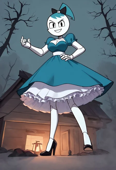 (Masterpiece, best quality:1.2), score_9, score_8_up, flat color, flat shading, soft shading, lighting, Jenny Wakeman as an adult, (((in a 1950's full length formal dark blue dress, a white belt, a fluffy frilly ruffled full white petticoat, and black high heels))), dress, layered petticoat, frilly petticoat, fluffy petticoat, full petticoat, detailed petticoat, wide skirt, detailed outfit, flowing skirt, (((long skirt))), (((solid dark blue colored dress, black high heels))), blue hair, series accurate, cute, best high quality, high res, robot, humanoid robot, (((giant breasts, cleavage))), whole body shot, 1girl, (((solo, outside, in a dark creepy forest, by a old ominous log cabin, at night, heavy fog surrounding her, fog, heavy fog, looking at you, low angle))), (((evil, evil smile, determined evil eyes, posing gracefully and evilly))), low angle shot, cartoon, cartoon style, vector, solo, circle dress, 1950s, dance dress jenny, jenny wakeman, 1girl, solo, robot joints, black eyes, white skin, ponytail, hair bow, blue rose chest corsage, poofy dress, blue hair, flat lighting,