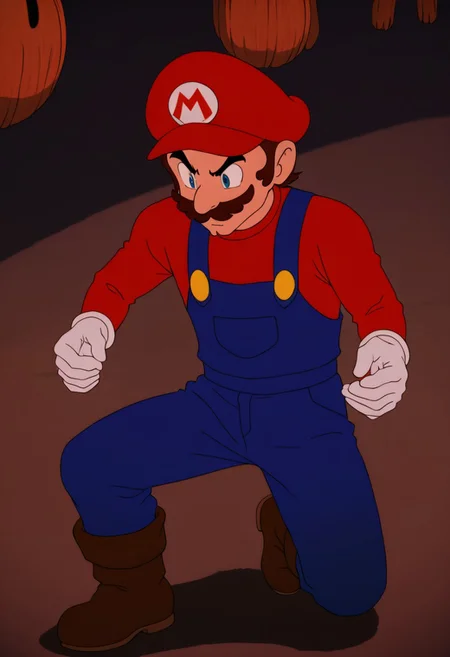 masterpiece, best quality, newest, absurdres, highres, vintage anime, 90s anime, DevManV1.0-IL, 1boy, mario, \(mario_(series)\) facial hair blue overalls, boots, overalls, hat, red shirt, red hat,