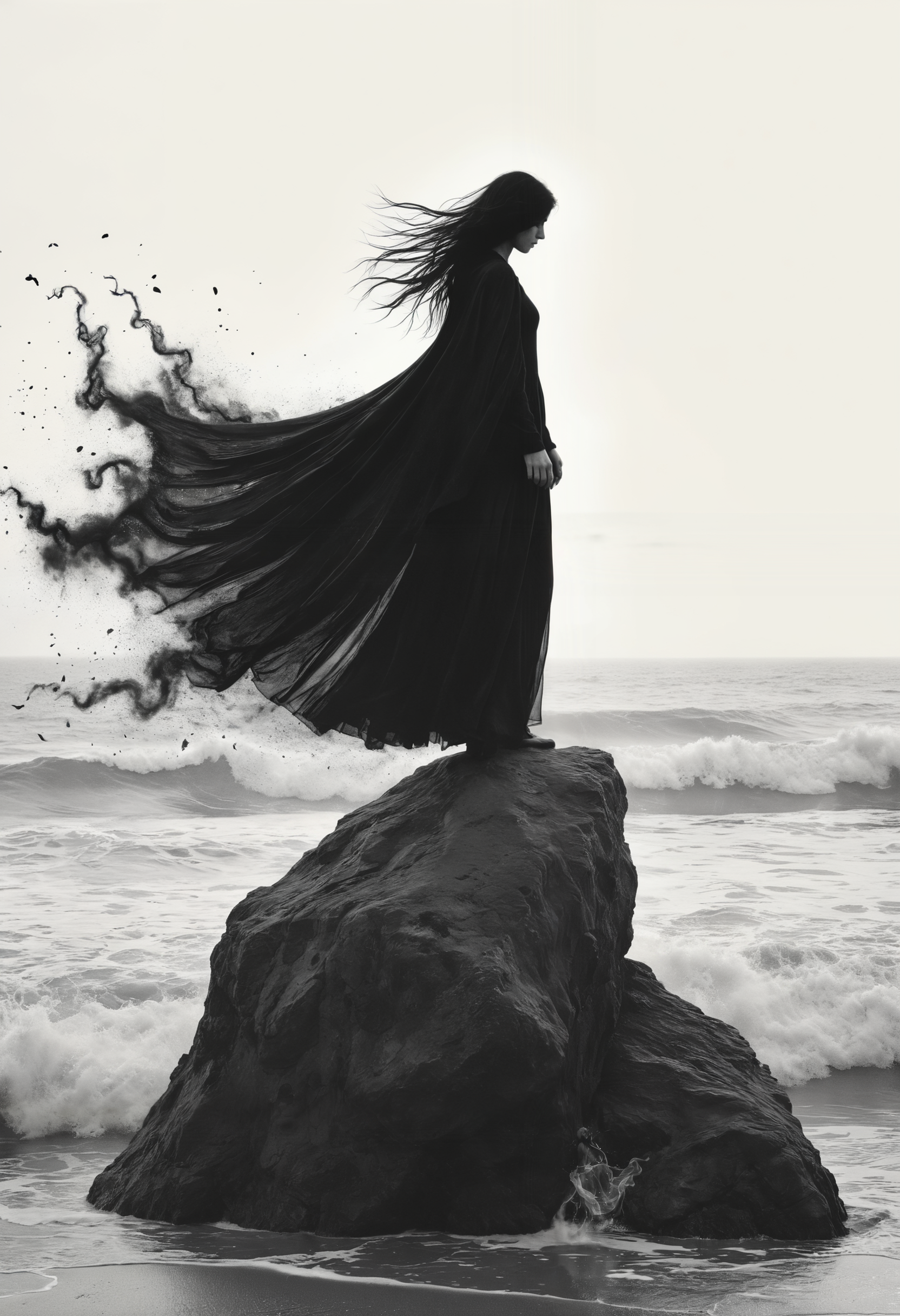 a woman standing on top of a rock next to the ocean, a black and white photo, by Lucia Peka, tumblr, conceptual art, burning wings, cloak flittering in the wind, andrey tarkovsky, holding nevermore, hand-drawn, disintegrating, dancing on the beach, dark illustration, i_5589.jpeg
<lora:add-detail-xl:0.5> <lora:xl_more_art-full_v1:0.5>