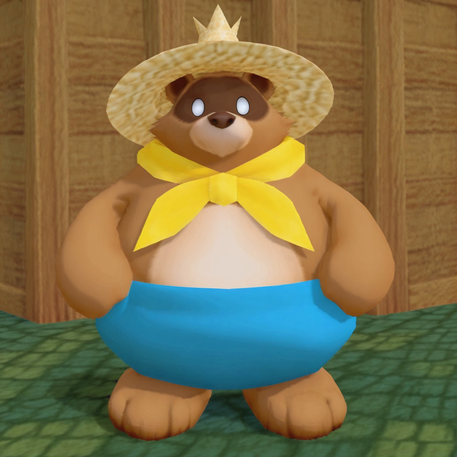 2d, solo, SMSTanuki, tanuki, male, brown fur, yellow neckerchief, white eyes, no sclera, blue pants, 3 toes, featureless hands, beige muzzle, brown nose, beige countershade torso, straw hat 
BREAK standing, looking at viewer, full body, abstract background, sfw
BREAK best quality, amazing quality, very aesthetic, absurdres, newest, masterpiece, high quality