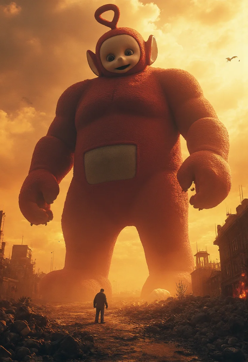 realistic cgi render of a giant beefy tinkywinky towering over a fiery destroyed city in a post apocalyptic setting. there is a small man in the middle of the composition, close to the camera,  confronting tinkywinky
