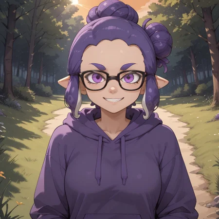 score_9, score_8, BREAK, solo, splatoon, inkling, female inkling, 1girl, tentacle hair, purple hair, single hair bun, purple eyes, glasses, cute, purple eyebrows, purple hoodie, purple jeans, purple shoes, breasts, Jeanette_Romero_(\OC_Inkling\), sexy pose, self portrait, smile, outdoors, sunlight, shadows, evening lighting, natural lighting, forest, trees, grass, orange sky, sunset