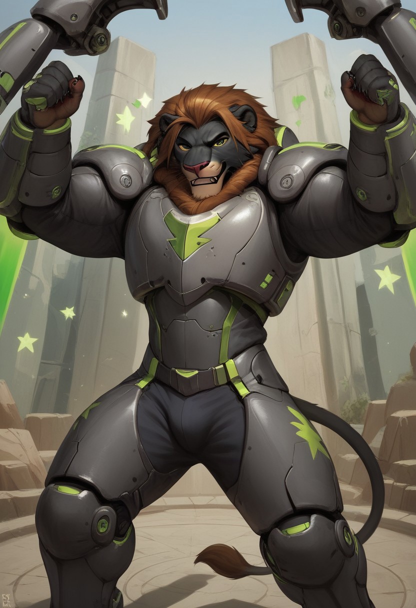score_9, score_8_up, score_7_up,
1boy, solo, torso view,<lora:Anthro_Lionlioness_PONY_XL:1>,
(anthro lion:1.2),  lion male, (((black fur1.3))), fangs, claws, wearing green power armor,helmet,armor,arm cannon,power suit, green power suit, black fur, brown mane,  <lora:Furry_Lora_Panther:0.8>  very intricate, high quality details,vibrant, highly detailed, award-winning, professional,anime artwork, dynamic pose, action pose, intense, fun,