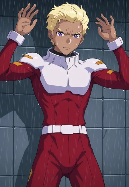safe_pos, score_9, score_8_up, score_7_up, source_anime, cowboy shot, front view, BREAK, ( dearka_elsman, purple eyes, blonde hair, brown skin, best eyes, looking at viewer, red pilot suit, angry expression, surrendering, holding hands in air, wet, 1boy, male focus, solo, ) BREAK, metal wall, raining, 
