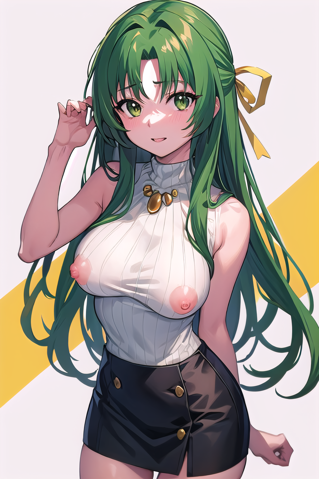 masterpiece, best quality, ultra-high-detailed, nipple cutout,   1girl, Sonozaki Shion, green hair, green eyes, long hair, yellow ribbon, yellow necklace, turtleneck sweater, black skirt,