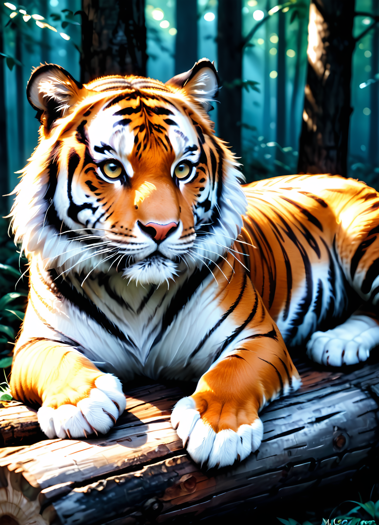 a tiger laying on a log in the woods, soft airbrushed artwork, avatar image, beautifull eyes, 2 0 5 6 x 2 0 5 6, close-up!!!!!!, screensaver, by Muggur, profile image <lora:43stl1ght1ngXLP2:1>, ultra detailed
