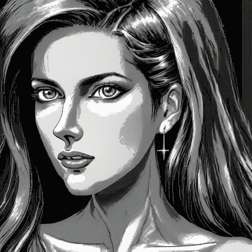 <lora:Macpaint-XL-000015:1>, Macpaint,  close up black and white pixel image of a beautiful woman with long hair standing, pixel art, best quality, minimalist, dithering, retro