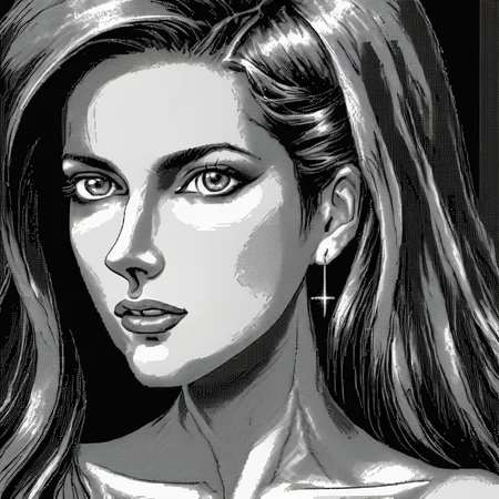<lora:Macpaint-XL-000015:1>, Macpaint, close up black and white pixel image of a beautiful woman with long hair standing, pixel art, best quality, minimalist, dithering, retro