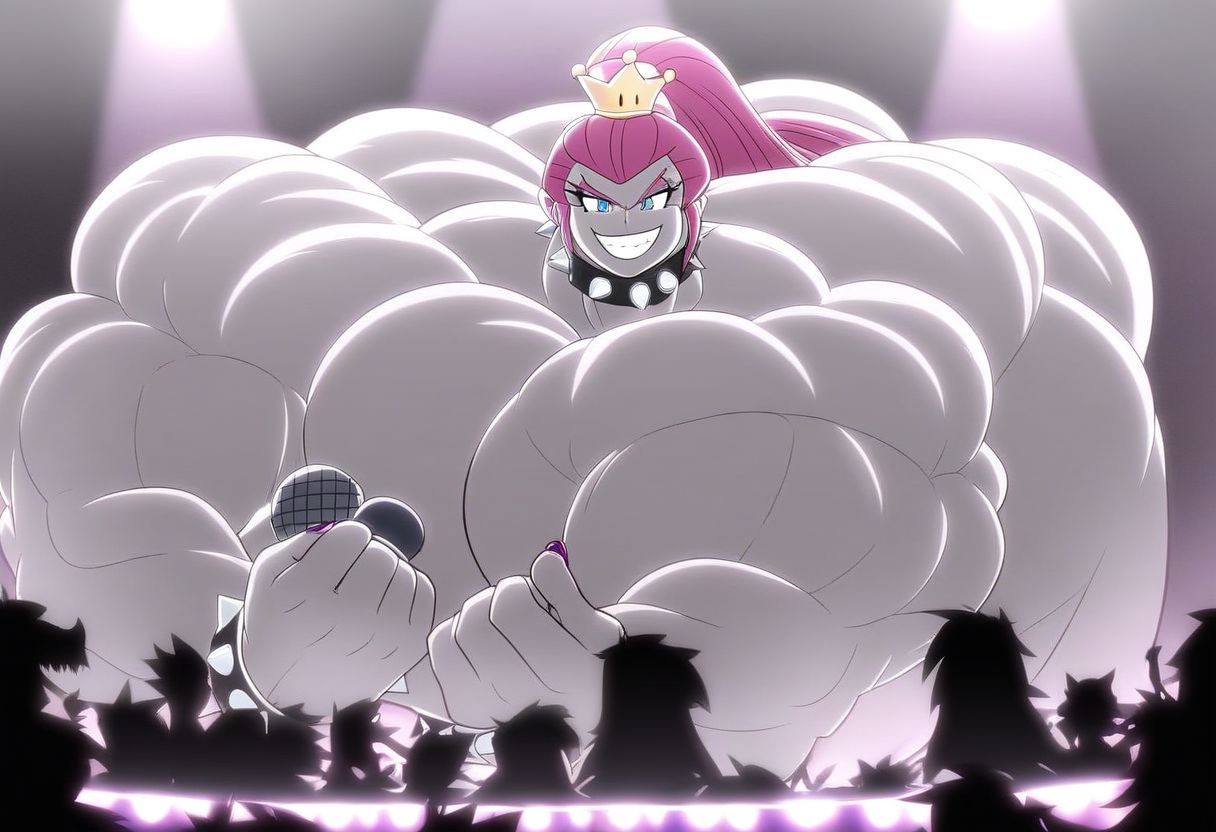 Pinkamena Diane Pie, Equestria Girls, poseMega, 1girl, breasts, super crown, collar, large breasts, bracelet, crown, ponytail, long hair, smile, jewelry, teeth, nail polish, grin, pink_dress, leaning_forward, shirtMega, poseMega, big muscle,large muscle,hyper muscle,huge muscle,thick limbs,thick thighs,thick arms, full body, monster muscles, giantess, microphone, holding microphone, singing, stage, neon lights, best quality, masterpiece, highres